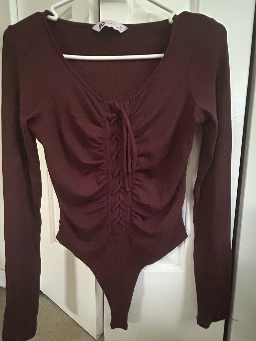 SO Maroon Lace-Up Ribbed Long Sleeve Bodysuit